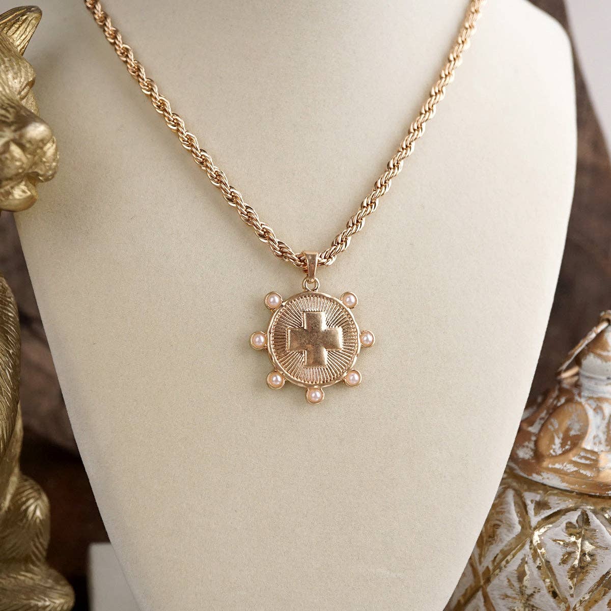 Sunlit Devotion – Cross Pendant Necklace with Pearl  Accent