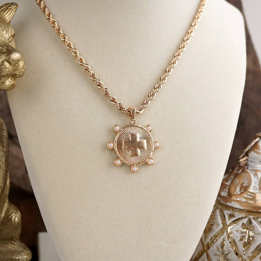 Sunlit Devotion – Cross Pendant Necklace with Pearl  Accent