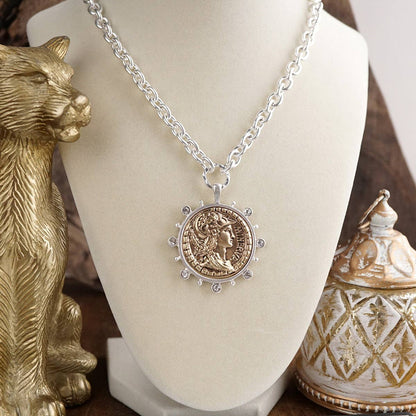 Radiant Relic – Coin Medallion Necklace with Crystal Halo