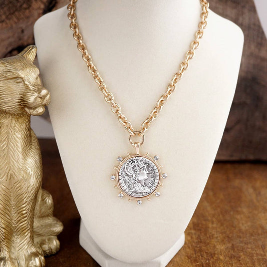 Radiant Relic – Coin Medallion Necklace with Crystal Halo