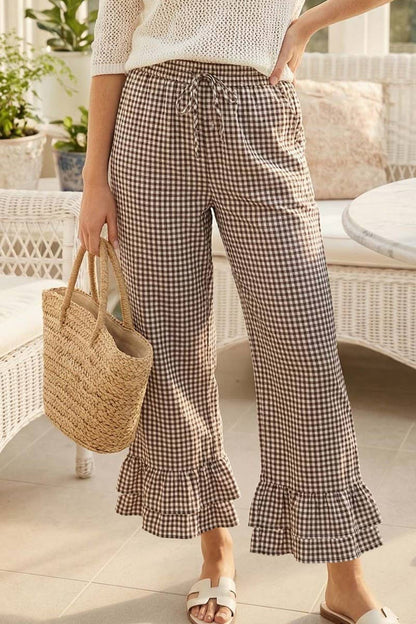 Gingham Casual Ruffled Hem 100%Cotton Cropped Pants VP83379A