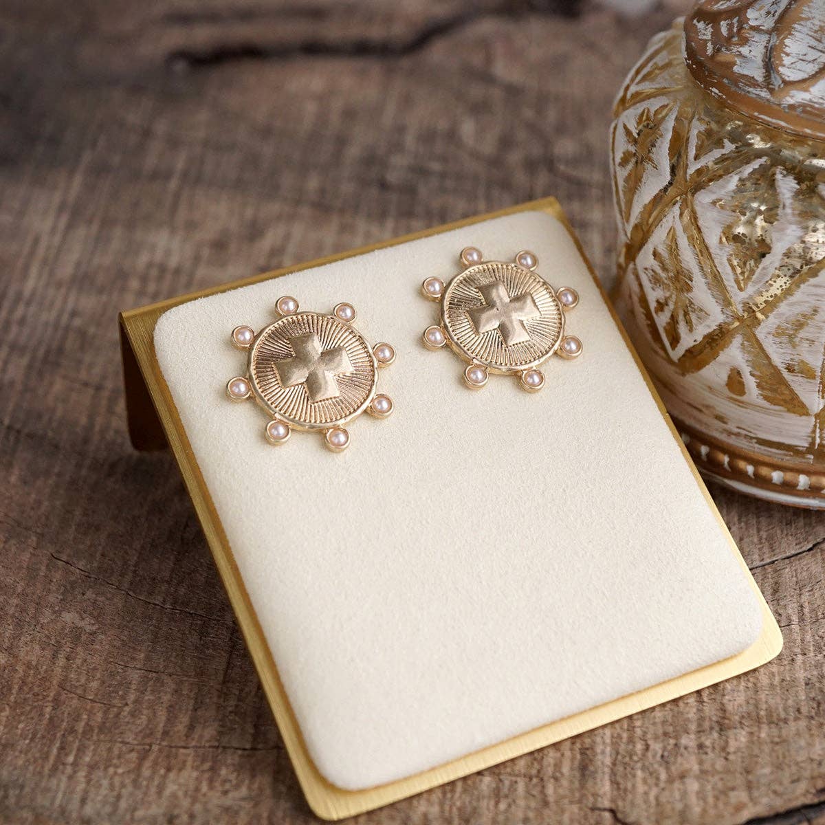 Sunlit Devotion – Cross Stud Earrings with Pearl or Turquoise Accents