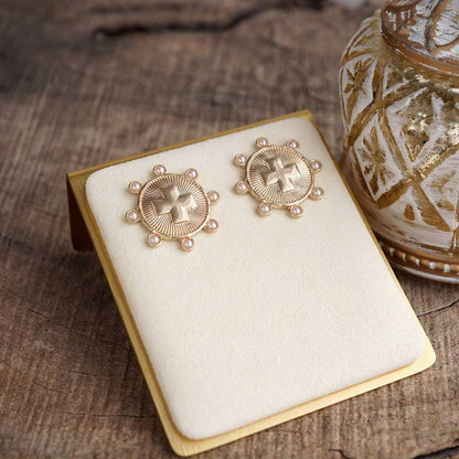 Sunlit Devotion – Cross Stud Earrings with Pearl or Turquoise Accents
