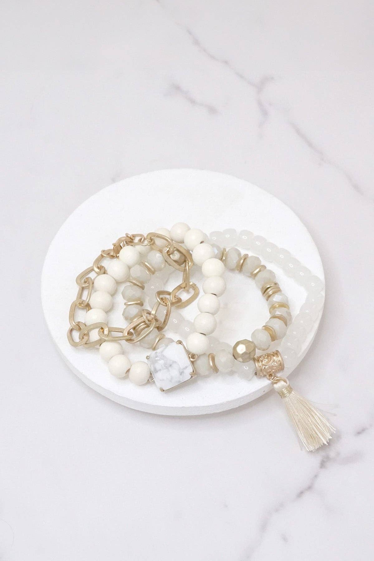 Boho Beads Tassel Bracelets set with Semi Precious stone White