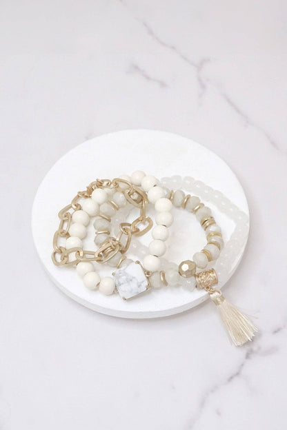 Boho Beads Tassel Bracelets set with Semi Precious stone White