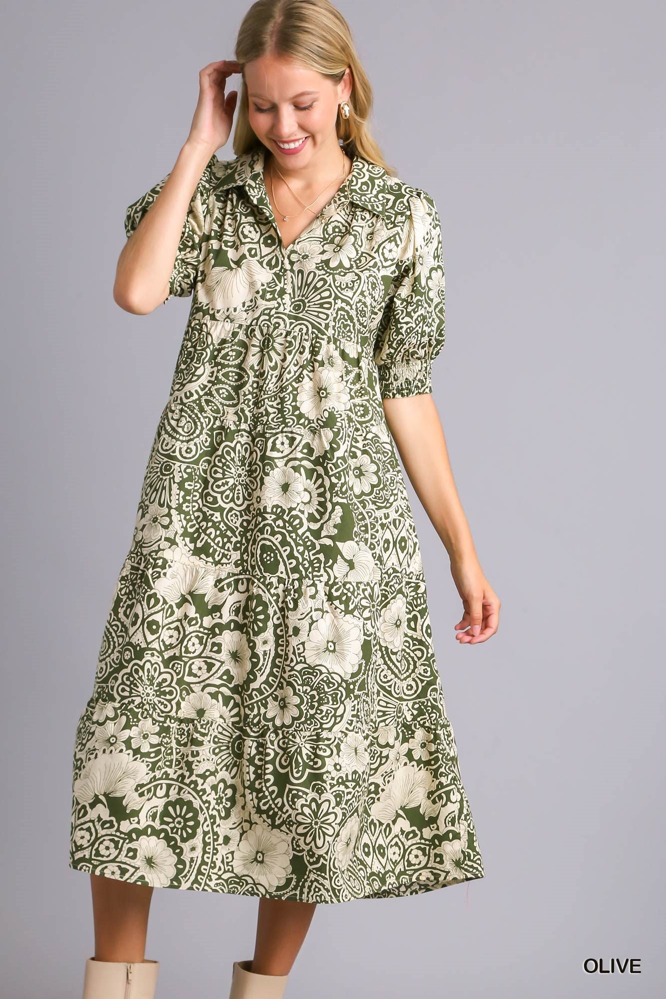 Pippen Paisley Collared Dress with Puff Sleeves