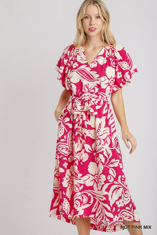 Saylor Navy Floral Midi Dress with Belt