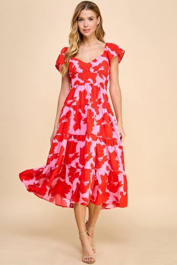 Sabrina Printed Red & Pink MIdi Dress