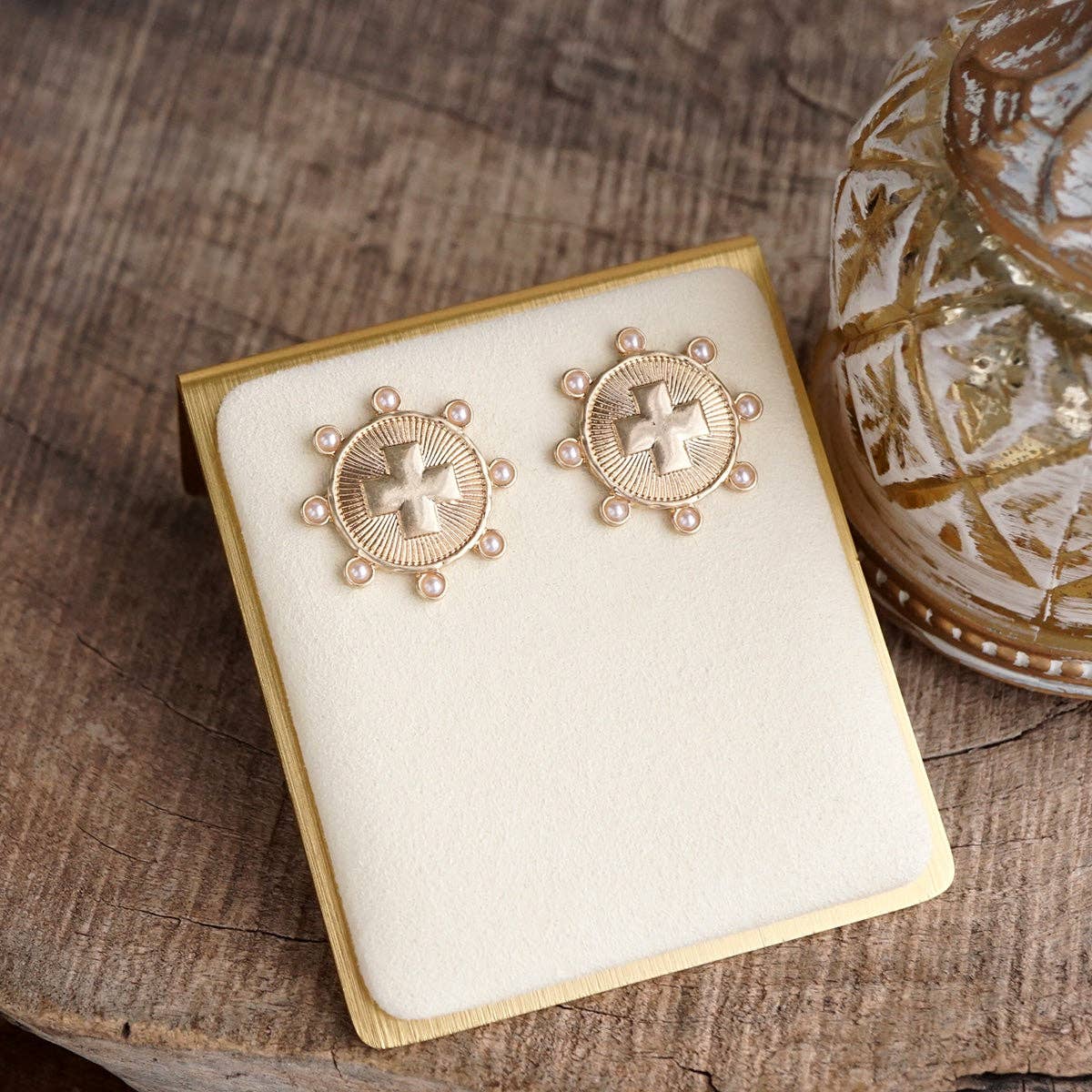 Sunlit Devotion – Cross Stud Earrings with Pearl or Turquoise Accents