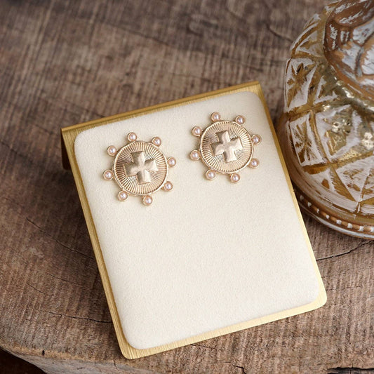Sunlit Devotion – Cross Stud Earrings with Pearl or Turquoise Accents