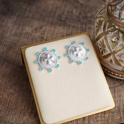 Sunlit Devotion – Cross Stud Earrings with Pearl or Turquoise Accents