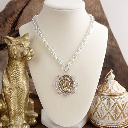 Radiant Relic – Coin Medallion Necklace with Crystal Halo