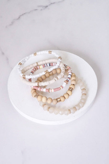 Summer Neutrals Cream Beige White stack clay glass wood beads bracelets set