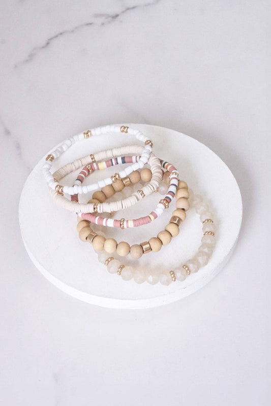 Summer Neutrals Cream Beige White stack clay glass wood beads bracelets set